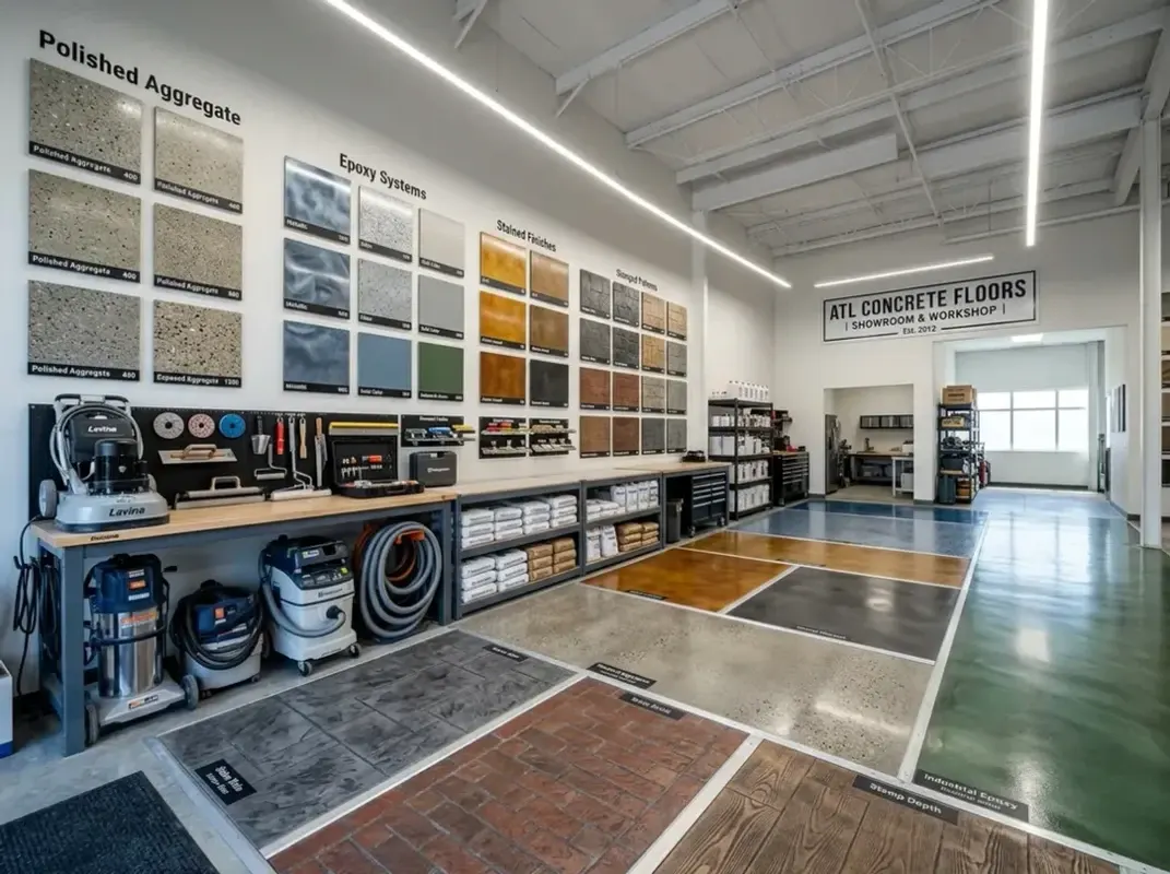 Concrete Masters v2 Professional concrete flooring workspace with finish samples