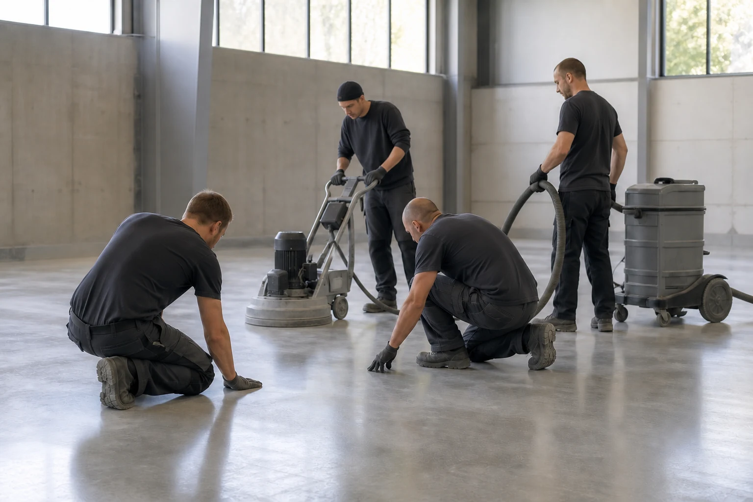 Concrete Masters v2 Concrete flooring crew polishing and inspecting a commercial floor