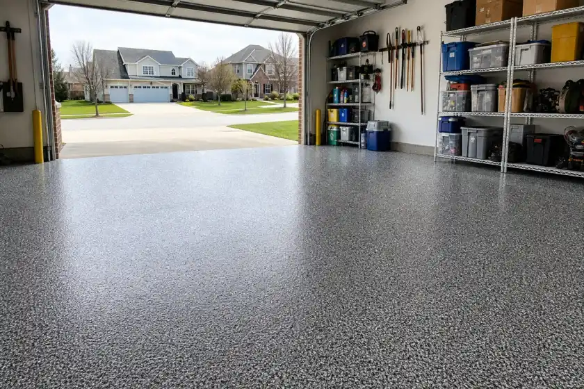 Concrete Masters v2 Polyaspartic garage floor coating with flake broadcast finish in Roswell, Georgia