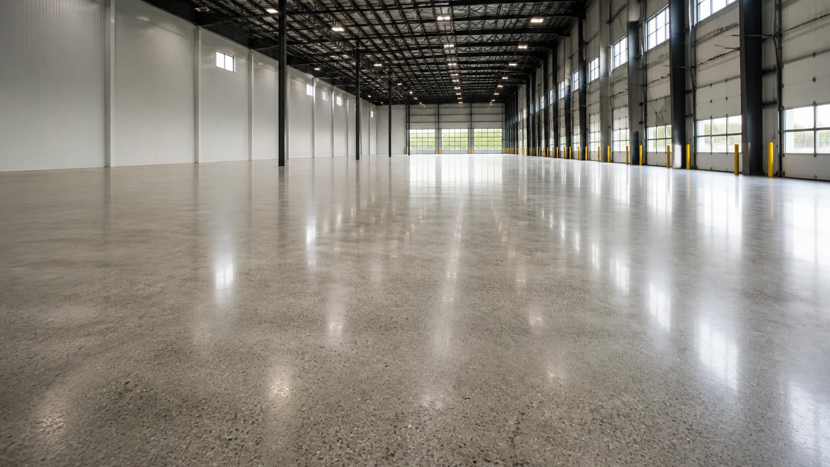 Concrete Masters v2 Expansive polished concrete floor inside a large modern industrial warehouse