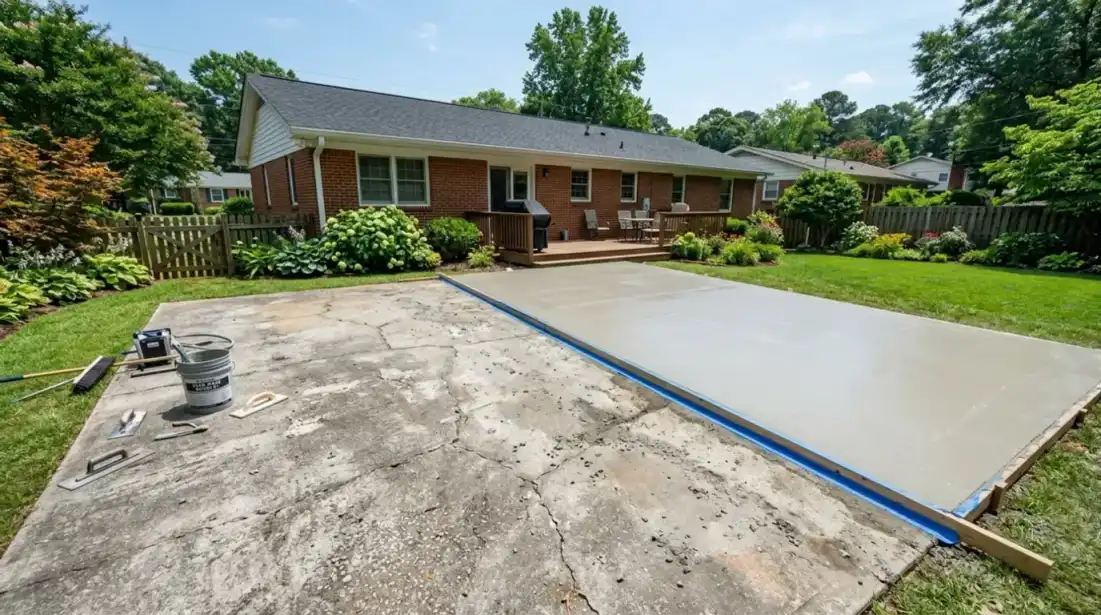Concrete Masters v2 Concrete overlay being applied to a residential patio in Atlanta, restoring a worn surface with a fresh decorative finish